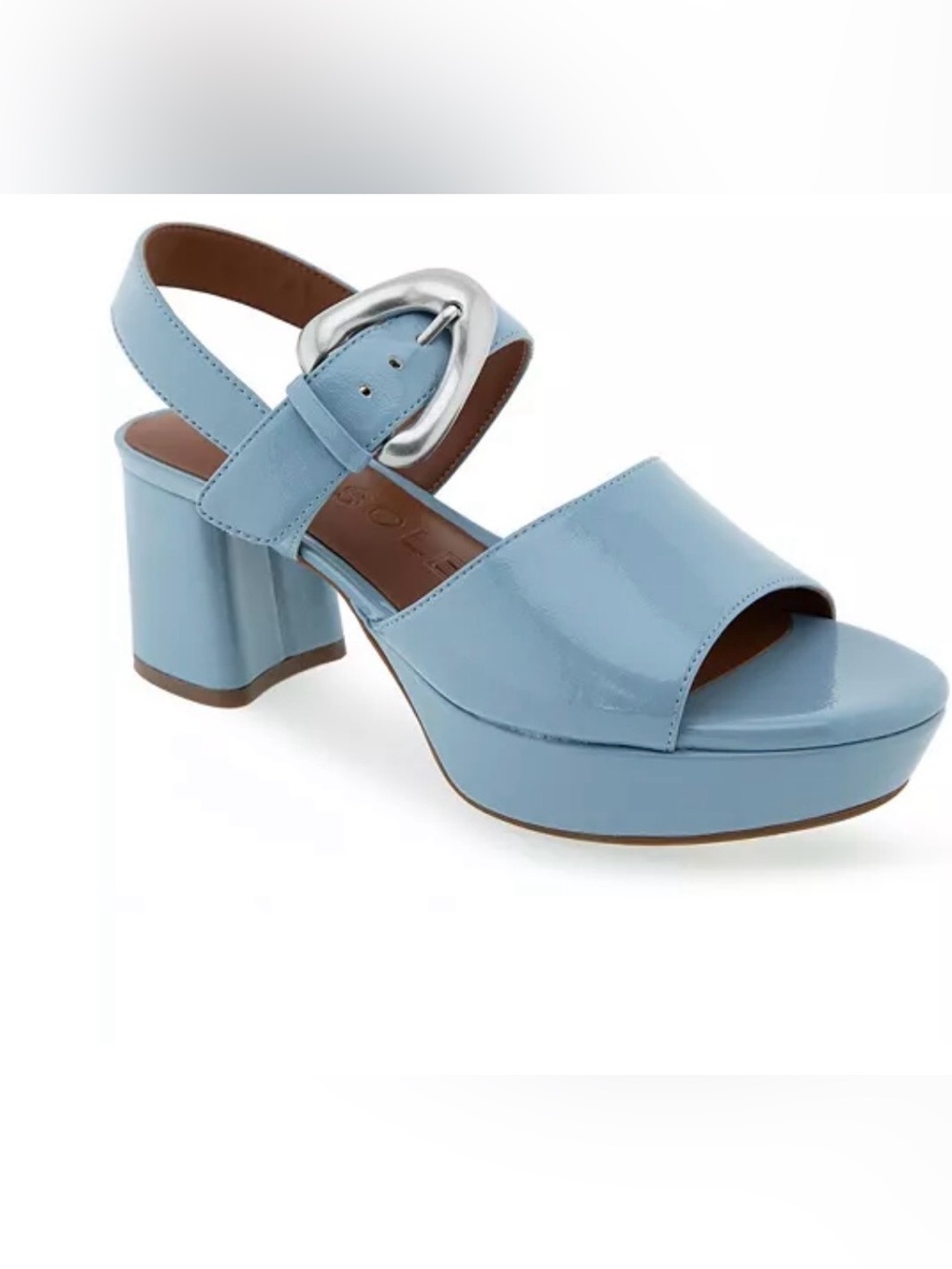 Womens Light Blue Patent Platform Sandal with Silver Buckle